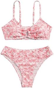 OYOANGLE Girl's 2 Piece Ditsy Floral Bikini Swimsuit Ring Linked Ruched Bathing Suit Red 14 Years