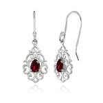 Sterling Silver Genuine or Created Gemstone Filigree Heart Teardrop Dangle Earrings, Metal, Created Ruby,