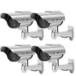Solar Dummy Security Camera, Bullet Fake Surveillance System with Realistic Red Flashing Lights and Warning Sticker Indoor Outdoor (4, Silver)