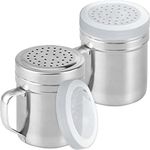 CUSINIUM Metal Salt Pepper Dredge Shakers - with Handle - Seasonings Spice Shakers with Holes and Lids - 10 Ounce, 2pcs