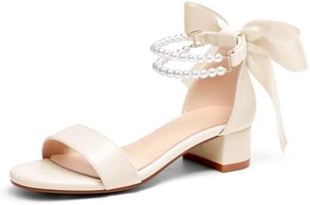 Coutgo Girls Dress Shoes Chunky Low Heels Sandals Bow Pearl Ankle Strap Flower Girl Wedding Party Shoes, Beige, size 12