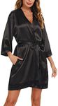 Vlazom Women's Satin Kimono Robe, Silk Lace Trim Dressing Gown Soft Wedding Party Bathrobe 3/4 Sleeve Sleepwear with Oblique V-Neck, Black, S