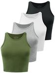 Kole Meego 4 Pack Cotton Crop Tops for Women Workout Cropped Tank Top High Neck Camisole Yoga Shirts Athletic Undershirts Black White Grey Green M