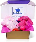 SoSoCute Pink Dog Gift Box - Puppy Chew Toy Set of 5 - Puppy Care Package with Dog Blanket, Squeaky Plush, Rubber Puppy Teether, Teething Ball, and Treat Ball for Small and Medium Dogs