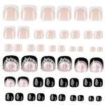 MWOOT 48Pcs (2 Packs) False Toenail Tips, Full Cover Rhinestones Press on Toenail, French Black Glue on Toe Nail with Manicure Kit, Square Nail Extension Tips for DIY Women Salon Nail Decoration