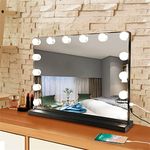 Depuley Vanity Mirror with Lights, Hollywood Lighted Makeup Mirror 14 LED Bulbs with Detachable 10X Magnification, Tabletop Mirror for Dressing Room Bedroom, Touch Control 3 Color Modes, Black