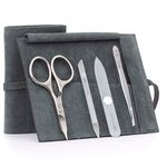 GERMANIKURE 4pc Mini Professional Manicure Set in Light Gray Suede Case - FINOX Stainless Steel Tools Made in Solingen Germany, Glass Nail Care Supplies Made in Czech Republic