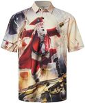 Hardaddy Men's Christmas Shirt Button Down Funny Printed Casual Short Sleeve Hawaiian Santa Shirt, Khaki, Large