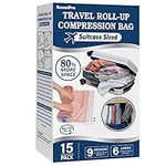 15 Compression Bags for Travel, Roll Up Space Saver Bags for Travel, Saves 80% of Storage Space for Packing & Clothes, No Pump or Vacuum Needed