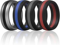 ThunderFit Mens Silicone Rings Wedding Bands - 4 Pack Classic & Middle Line - 8.5 mm Wide, Black Middle Red, Black Middle Dark Grey, Silver Middle Black, Black Middle Blue, 15.5-16 (24.5mm)