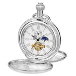 Tiong Sliver Smooth Shield Double Cover Men's Mechanical Pocket Watch, Double Cover Roman Moonlight Design Dial Chain Mechanical Pocket Watch