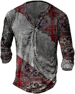 Henley Graphic T Shirts for Men,Y2K Goth Tops Graphic Distressed Retro Button Up Shirts Long Sleeve Slim Fit T Shirts Blouses Gray XL