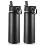Volhoply Insulated Water Bottles with Straw Bulk 2 Pack, 22 oz Stainless Steel Sports Bottle with Handle Lid, Metal Travel Water Thermos with Wide Mouth,Reusable Water Flask for School(Black,2 Set)
