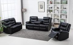 SofaHeaven Recliner Black Bonded Leather fabric 3+2+1 seater sofa set -Highback settee For Living Rooms-Cheap sofas and couches with cup holder-Roma