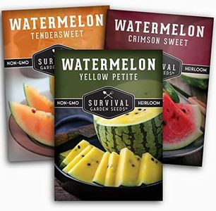 Survival Garden Seeds Tri-Color Watermelon Collection - 3 Packs of Fruit Seeds for Growing Watermelons - Yellow Petite, Crimson Sweet (Red) & Tendersweet Orange Varieties - Non-GMO Heirloom Mix