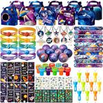 DMIGHT Space Party Favours, 90Pcs Outer Space Themed Birthday Decorations, Stress Ball, Glow In Dark Tattoo, Bracelet, Astronaut Keychain, Slap Bracelet, Stamp, Necklace, Bookmark, Gift Box for Kids