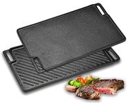 Velaze Cast Iron Griddle Pan for Gas Hobs, Cast Iron Grill Pan Double-Sided Usable, Cast Iron Pan for Gas Grill and Electric Grill, Grill Pan for BBQ, Camping, Garden - 45.5 x 26cm