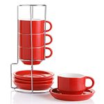 Sweejar Porcelain Espresso Cups with Saucers, 4 Ounce Stackable Cappuccino Cups with Metal Stand for Coffee Drinks, Latte, Tea Set of 4 (Red)