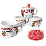 Old & Bold - 4 27 Oz Soup Bowls With Lids - Retro Soup Recipe Ceramic Mugs With Vented Lids and Handles - Version 2 - Pack of 4 - Microwave and Dishwasher Safe - For Soup, Instant Noodles, Cereal (V1)