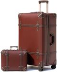 NZBZ Vintage Luggage Sets of 2, Vintage Suitcase Set for Women, Retro Luggage with Boarding Tote, Handmade Faux Leather Zipper Luggage TSA Approved (Caramel Brown, 14inch & 28inch)
