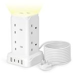 Extension Lead with USB Solts and Night Light, 20W USB C Fast Charger, (13A 3250W)4 USB Ports & 8 Way Extension Tower, Surge Protection Extension Lead with 3M Extension Cable White