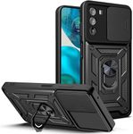 SkyTree Motorola Moto G82, Robotic Sliding Camera Window Shock Proof Thunder Case, Dual Layer Hybrid Armor Back Cover Case with Kickstand for Motorola Moto G82 5G 6.6" - Black