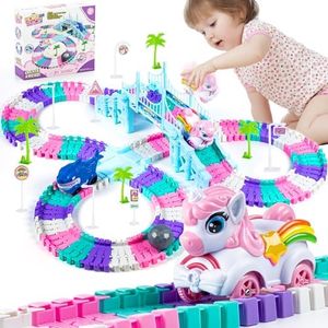 Ancitoy Unicorn Race Track Car Set for Kids, Flexible DIY Tracks with Unicorn and Shark Cars, STEM Building Toy for Girls and Boys Ages 3 4 5 6 7, Birthday Gift Idea