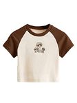 SweatyRocks Women's Graphic Print Round Neck T Shirt Short Sleeve Crop Tee Tops, Beige/Brown, Small