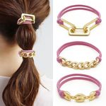 Gold Chain Bracelet Hair Ties for Women - Stylish Ponytail Holders with Metal Chains - Handmade Hair Elastic Accessories for Thin to Thick Hair - Comfortable No Damage Pink