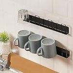 HQahnekme 2pcs Wall-Mounted Mug Holder Mug Hooks, Coffee Cups Holder Hanger no Drilling,Mug Rack Hooks with 4 Cup Holders,Cups Storage Hooks ​for Kitchen, Living Room, Office(Black)