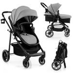 COSTWAY 2 in 1 Baby Pushchair, Foldable Travel System Pram with Reversible Seat, Adjustable Canopy, Storage Basket, Cup Holder, Lightweight Infant Stroller for 0-36 Months (Grey)