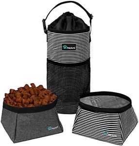 PetAmi Dog Food Travel Bag | Kibble Carrier for Dogs with Collapsible Dog Water Bowls Kit | Pet Food Travel Container Storage for Camping, Hiking Gear Accessories (Stripe Black, Grey)