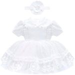 Lilax Christening Baptism Dress, Baby Girls' Lace Floral Embroidered Dress White 0-3M