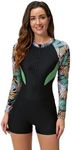 Women's One Piece Long Sleeve Swimsuit Rash Guard Bathing Suit Boyleg Bottom UPF 50+ Surfing Swimwear (AU, Alpha, Medium, Regular, Regular, Black+Green)