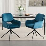 Wahson Swivel Dining Chairs Set of 2 Velvet Kitchen Accent Chair, Modern Kitchen Armchair with Metal Legs for Dining Room/Living Room, Teal