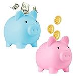 2 Pack Cute Piggy Bank, Unbreakable Plastic Money Banks, Coin Bank for Girls and Boys, Gifts and Presents for Birthday, Christmas, New Year (Pink, Blue)