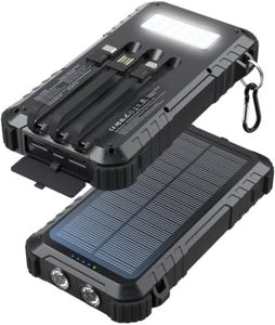 Uukto Solar Charger Power Bank 20000mAh Fast Charging Built-in 3 Cables LED Dual Flashlight Portable External Battery Pack with USB C Output Outdoor Camping Essentials for iPhone Samsung etc.