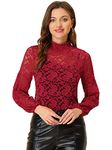 Allegra K Women's St. Patrick's Day Lace Long Sleeve Tops Ruffle Neck Elegant Floral Blouses Burgundy S-8