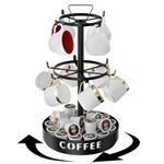 GAGUIUP Black Metal Rotate Coffee Cup Holder, Countertop Mug Tree Stand with Storage Base 2 Tier Counter Cup Display Storage Organizer for Kitchen Tea Coffee Bar