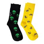 THELA GAADI Alien & Honey Bee Printed Socks | Pure Cotton Printed Funky Socks for Men & Women | Unisex, Crew Length Socks | Odour Free, Breathable, Adaptive Fit | Pack of 2