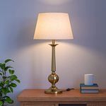 Divine Trends LED Table Lamp Brass Antique Finish Gold 25 Inches Total Height With Off White 12 Inches Diameter Lampshade For Bedroom, Bedside, Living Room, Home Decoration, Hotel (Brass Antique)