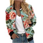 Mrat Women's Pattern Printed Crew Neck Bomber Jacket with Pockets Zip Up Running Jacket Lightweight Motorbike Jackets Elegant Smart Jackets Autumn Jacket Jackets for Women Uk For Sister Blue L