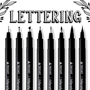 TRITART Juego de 8 rotuladores lettering en negro - Boligrafos lettering profesionales con punta fina para dibujo técnico - Rotulador lettering negro con tinta japonesa para caligrafía creativa