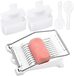 Luncheon Meat Musubi Maker Kit, 2 Pcs Non-Stick Musubi Mold and Luncheon Meat Slicer, Egg Lunch Meat Slicer Cutter and Musubi Press with Rice Paddles, Rice Mold Onigiri Sushi Making Kit - White