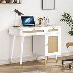 Anmytek Rattan Vanity Desk with Drawers and Storage, White Makeup Vanity Table Modern Home Office Desk Computer Desk for Bedroom Study D0006