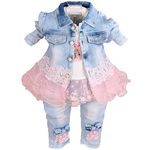 Yao Little Girls Denim Clothing Sets 3 Pieces Sets T Shirt Denim Jacket and Jeans(Pink,2-3Y)