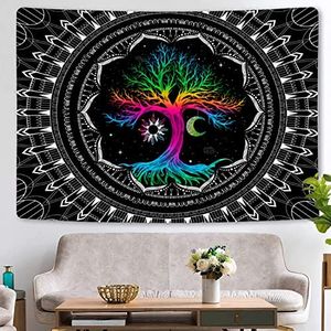 Meagtlva Tree of Life Tapestry, Trippy Mandala Tapestry, Wall Tapestry, Hippie Moon and Sun Tapestry, Black Galaxy Stars Tapestry, Mystic Bohemian Boho Tapestry Wall Hanging for Home (79x59inch)