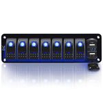 Purishion 7 Gang Rocker Switch Aluminum Panel with Voltmeter & Dual USB(4.8 Amps) Fast Charging, Blue Backlit Led, Pre-Wired IP65 Waterproof for Marine, Boat, Car, Truck, Polaris, Jeep (Blue)