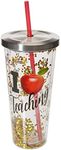 Spoontiques 21313 Teacher Glitter Cup with Straw, Gold, 20 Ounces