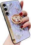 Aulzaju for Samsung Galaxy A54 5G Case Women Girls,Cute Bling Butterfly Flower Design with Ring Kickstand,Luxury Plating Glitter Diamond Pearl Back Soft TPU Bumper Girly Cover Purple